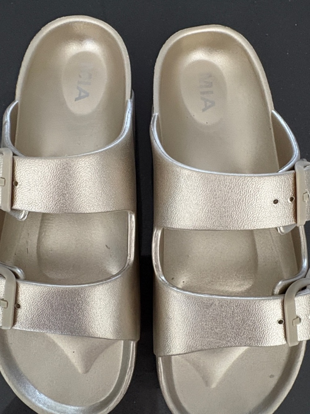 MIA Metallic Champagne Double-Buckle Slide Sandal